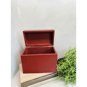 Rustic Red Wooden Recipe Box Hinged Lid Rectangular Storage Chest 6.75x5.25in